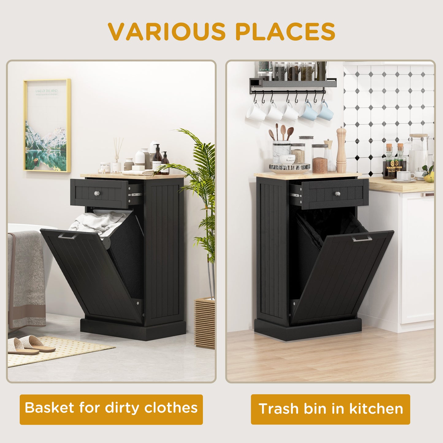 Hidden Trash Cabinet with Tilt-Out Door & Storage Drawer – 10 Gallon, Black