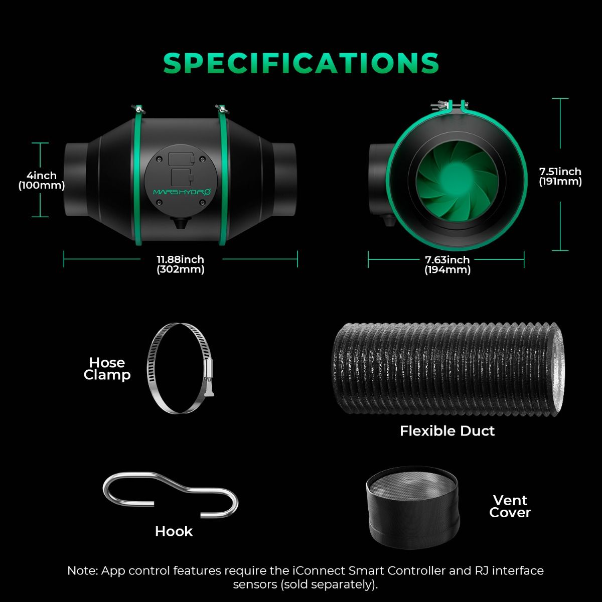 Mars Hydro iFresh 4-Inch Inline Fan & Carbon Filter Combo – Smart Duct Ventilation Kit with Speed Controller