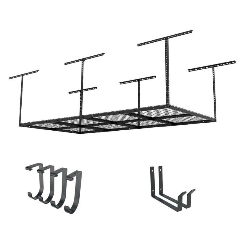FLEXIMOUNTS Classic 4x8 Overhead Garage Storage Rack with Hooks – 750 lb Ceiling Storage