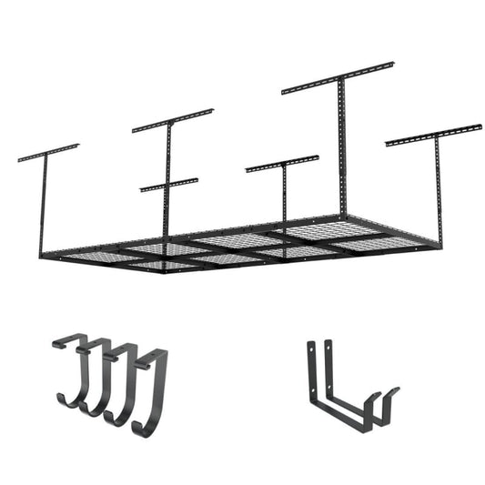 FLEXIMOUNTS Classic 4x8 Overhead Garage Storage Rack with Hooks – 750 lb Ceiling Storage
