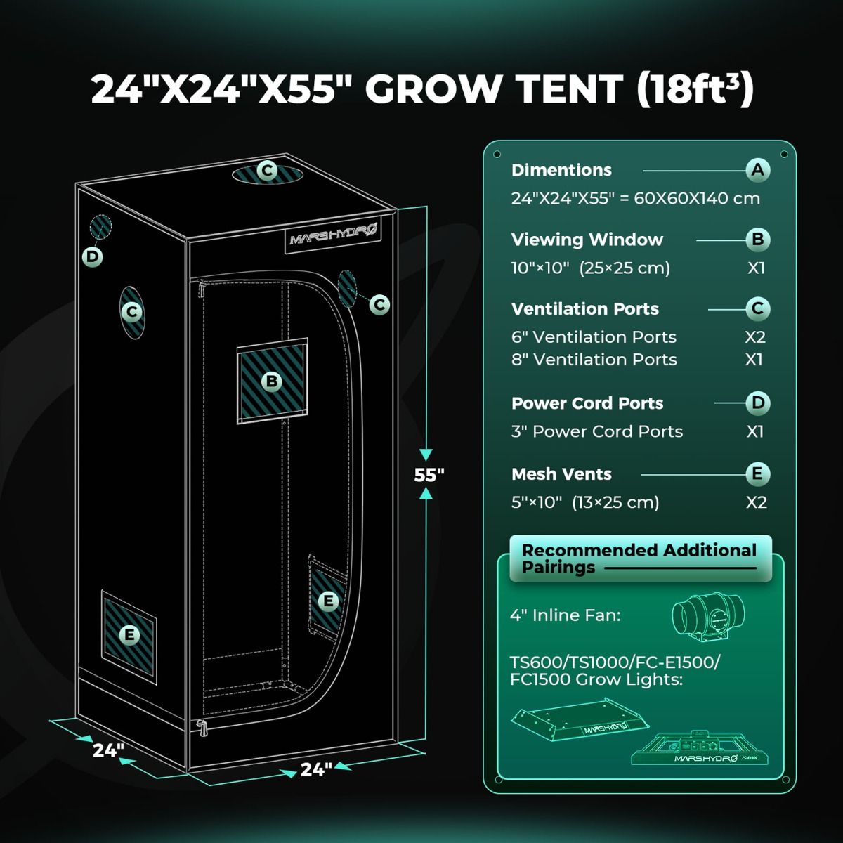 Mars Hydro 2x2 Grow Tent 1680D – Light-Proof Indoor Grow Tent 27"x27"x63" with High Reflective Mylar