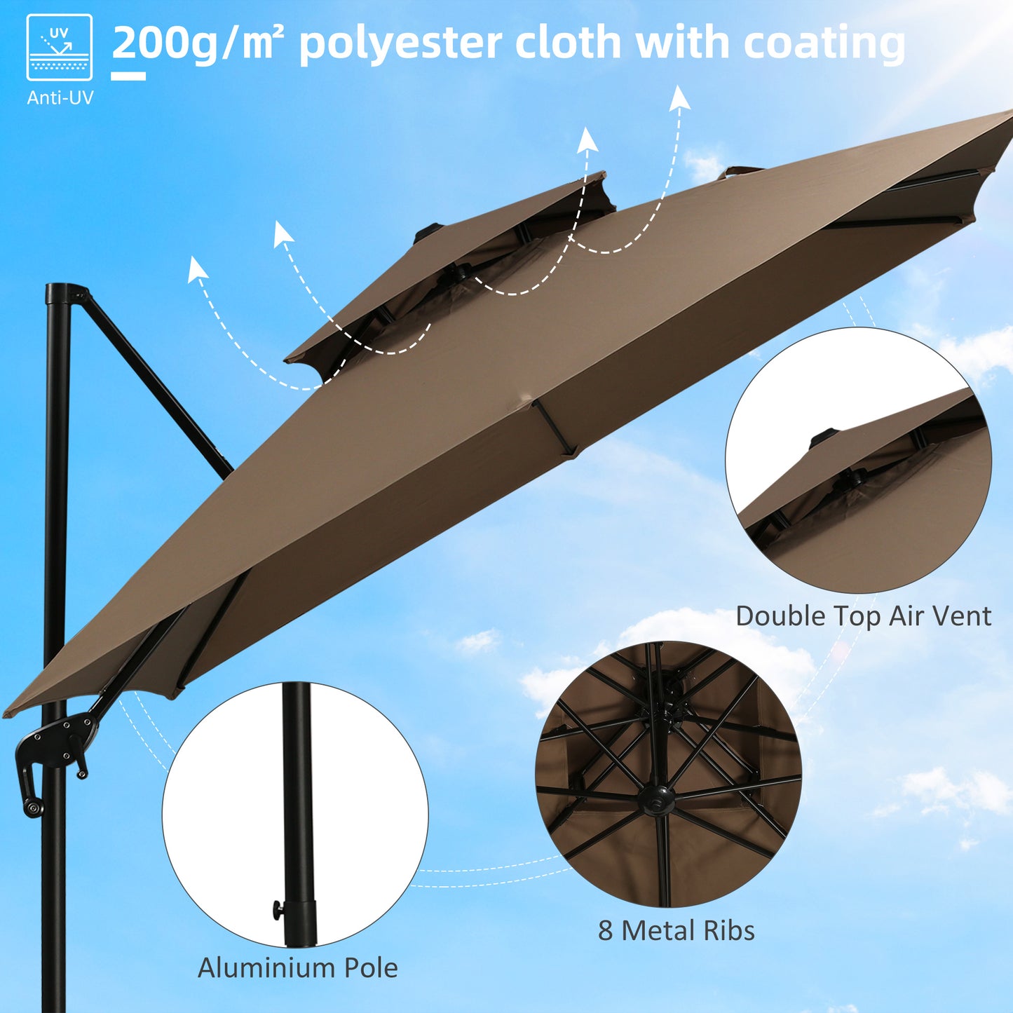 10ft Cantilever Patio Umbrella with Base – 360° Rotation, Double Top, Easy Tilt, Coffee
