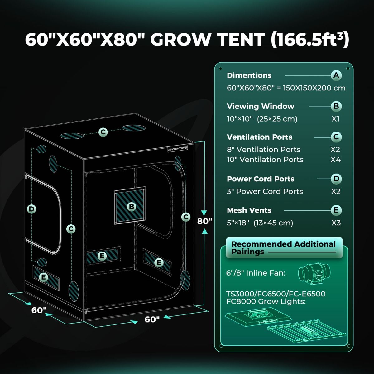 Mars Hydro 5x5 Grow Tent 1680D – Light-Proof Indoor Grow Tent 60"x60"x80" with Reflective Mylar