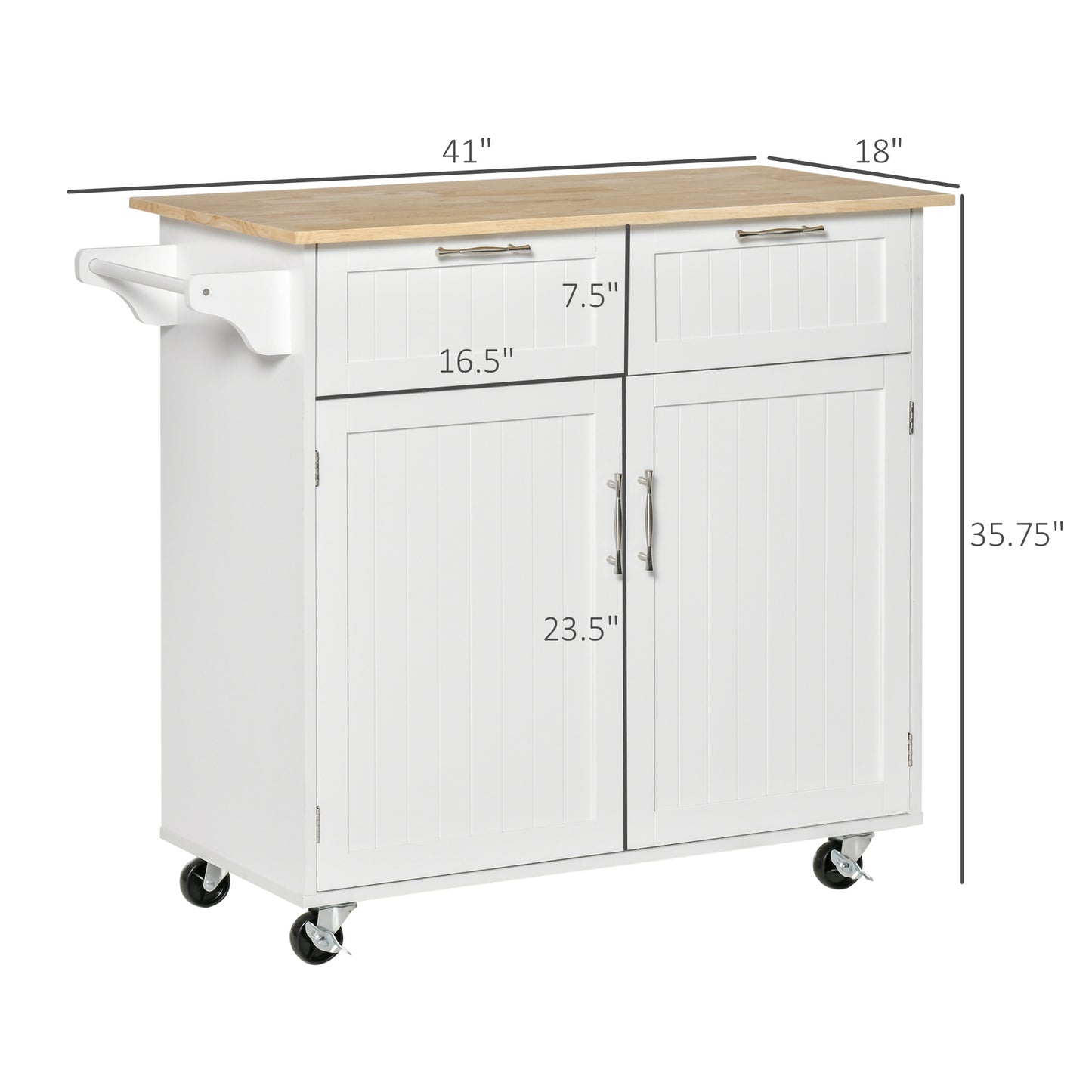 41" Rolling Kitchen Island with Rubberwood Top, Drawers & Cabinet – White