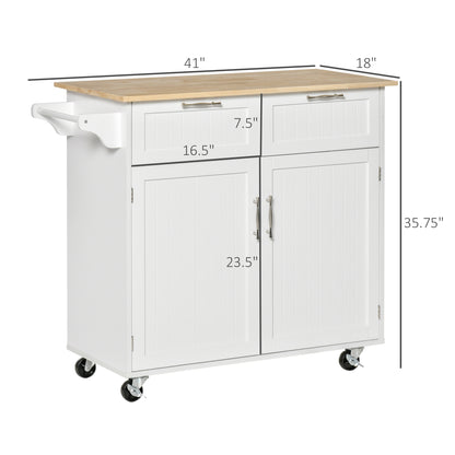 41" Rolling Kitchen Island with Rubberwood Top, Drawers & Cabinet – White
