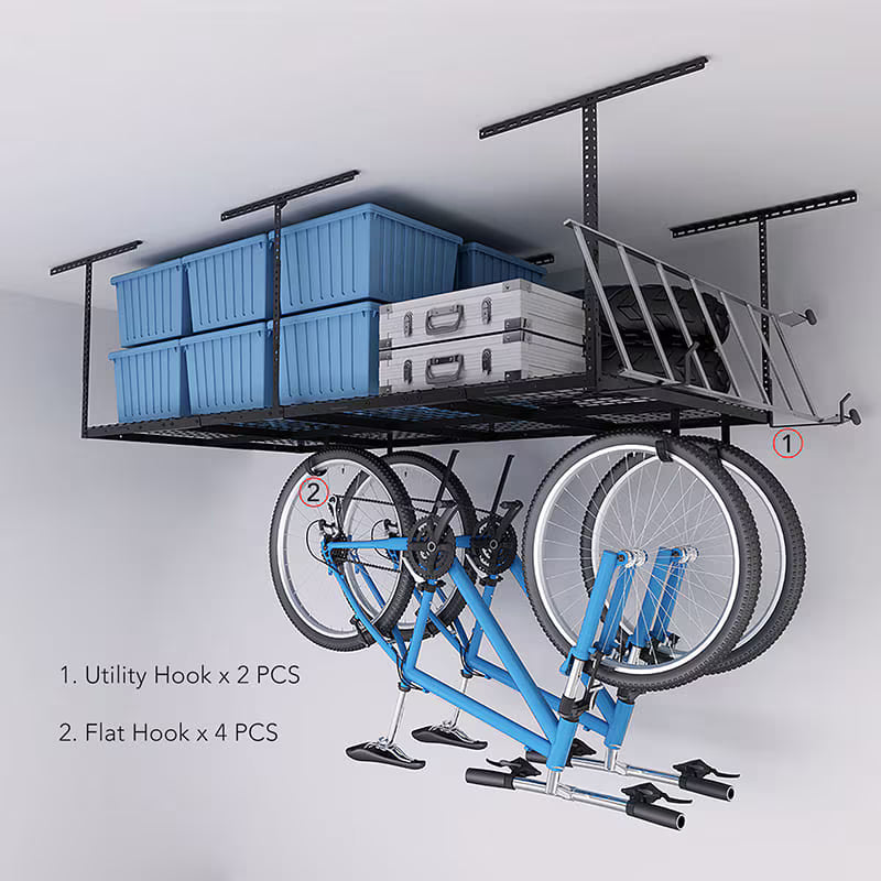 FLEXIMOUNTS Classic 4x8 Overhead Garage Storage Rack with Hooks – 750 lb Ceiling Storage