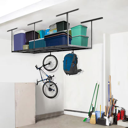 FLEXIMOUNTS Classic 4x8 Overhead Garage Storage Rack with Hooks – 750 lb Ceiling Storage