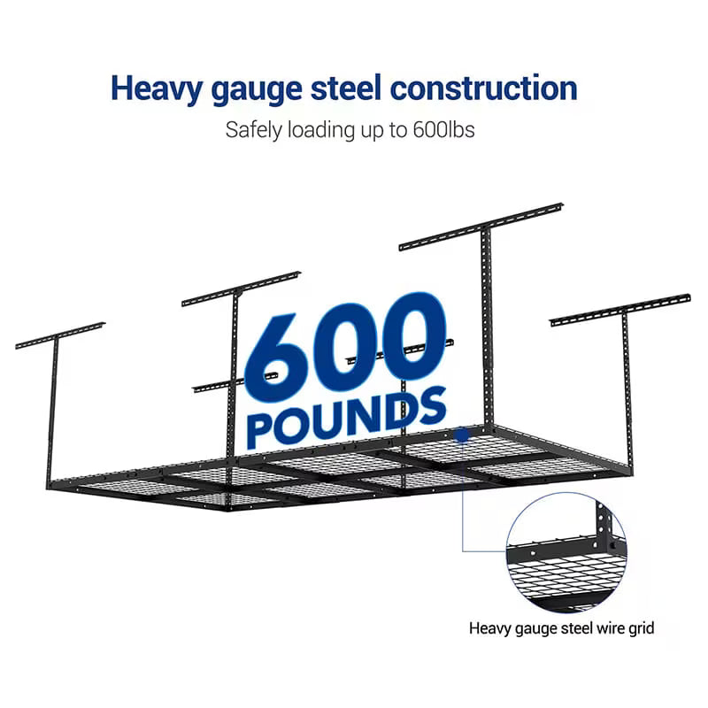 FLEXIMOUNTS Classic 4x8 Overhead Garage Storage Rack with Hooks – 750 lb Ceiling Storage