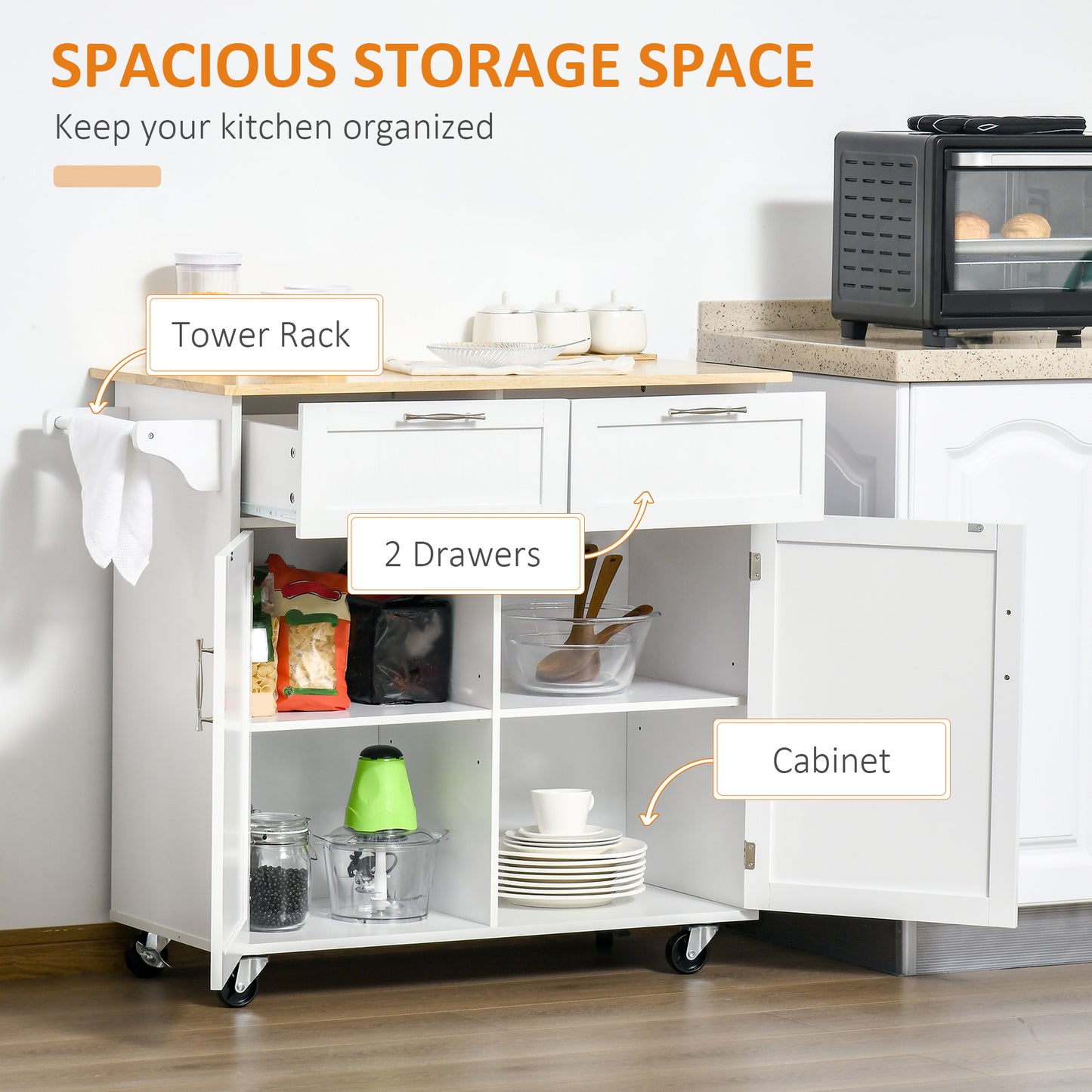 41" Rolling Kitchen Island with Rubberwood Top, Drawers & Cabinet – White