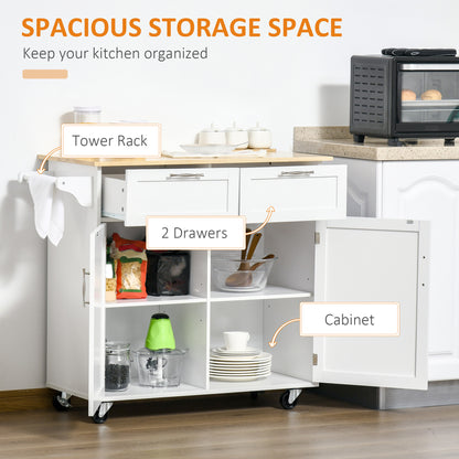 41" Rolling Kitchen Island with Rubberwood Top, Drawers & Cabinet – White