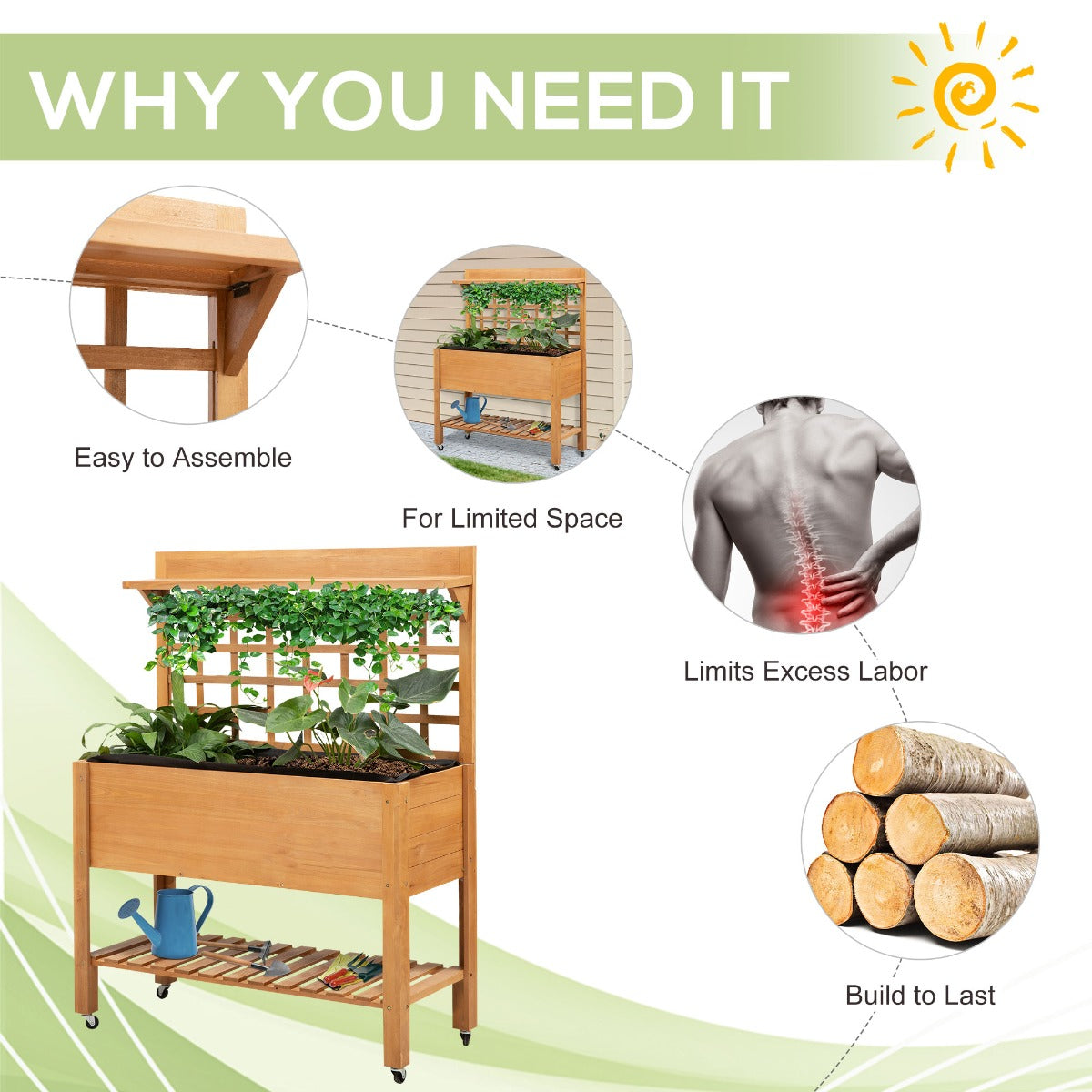 Elevated Raised Garden Bed with Wheels, Storage Shelf & Trellis – 41"x18"x53", Brown