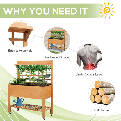 Elevated Raised Garden Bed with Wheels, Storage Shelf & Trellis – 41"x18"x53", Brown