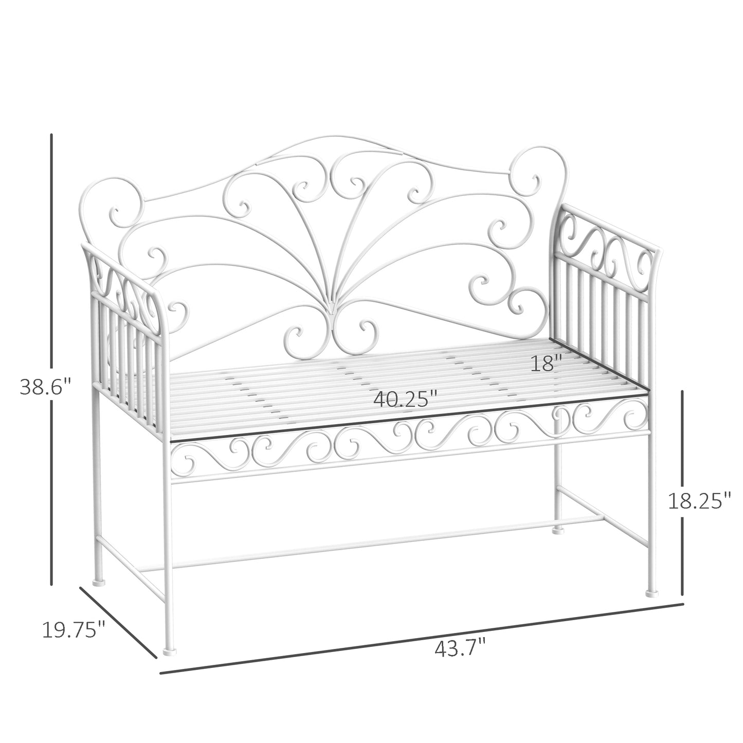 43" Metal Garden Bench with Armrests – 440 lb Capacity, Powder-Coated Steel, Cream White