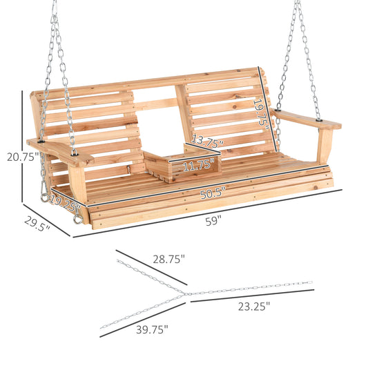 3-Seater Wooden Porch Swing with Folding Table & Cup Holders – 440 lb Capacity, Natural