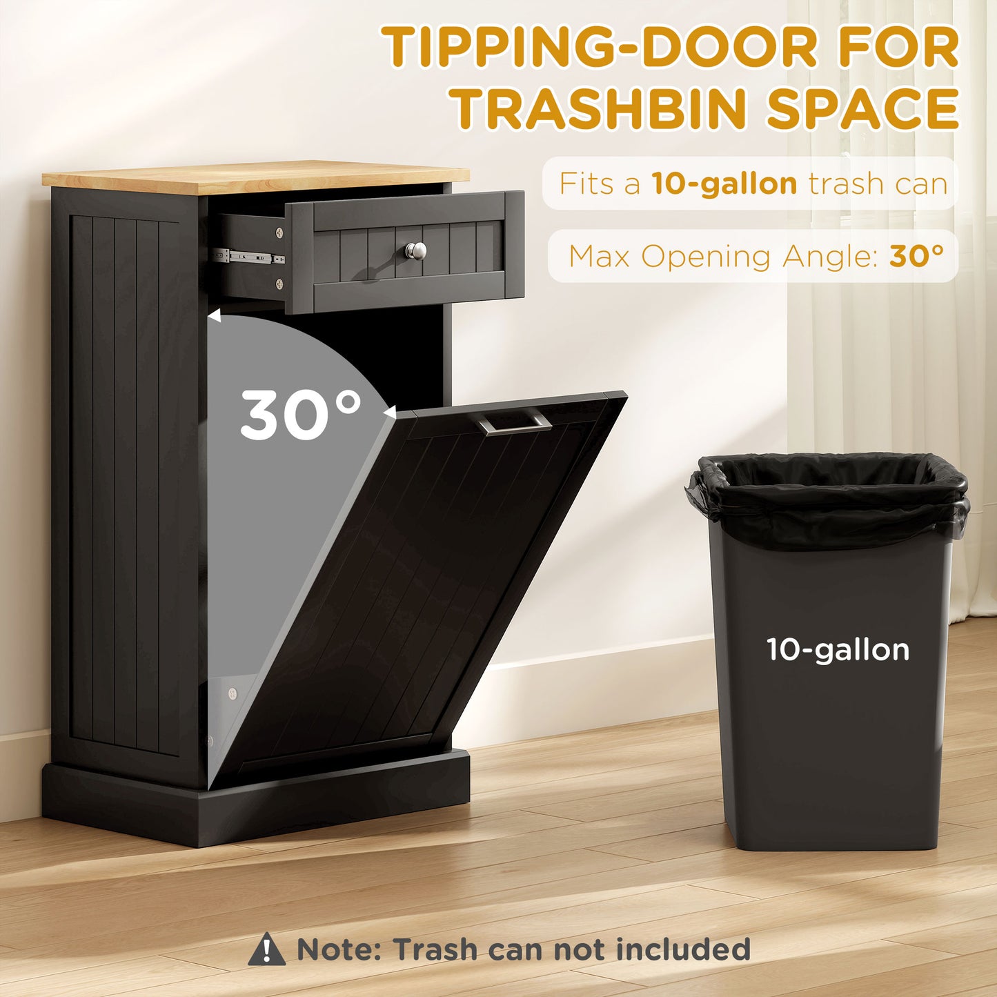 Hidden Trash Cabinet with Tilt-Out Door & Storage Drawer – 10 Gallon, Black