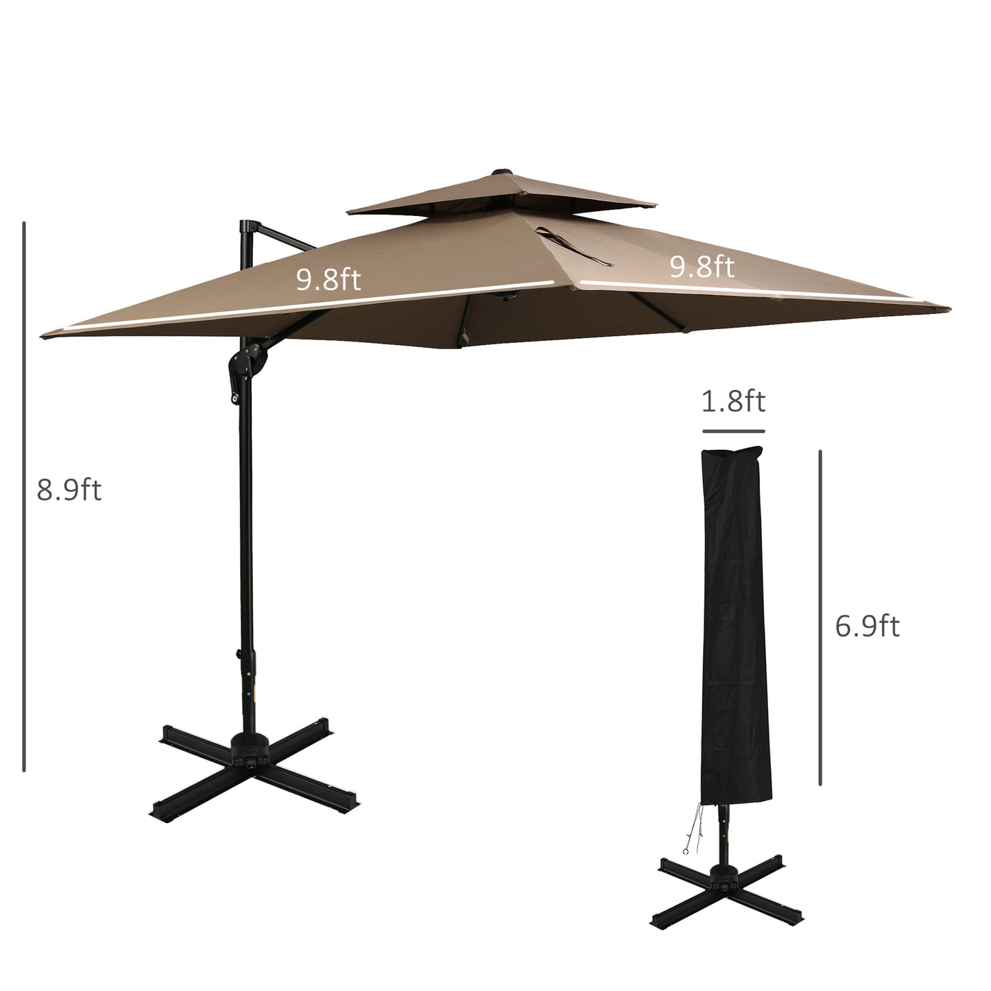 10ft Cantilever Patio Umbrella with Base – 360° Rotation, Double Top, Easy Tilt, Coffee