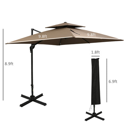 10ft Cantilever Patio Umbrella with Base – 360° Rotation, Double Top, Easy Tilt, Coffee