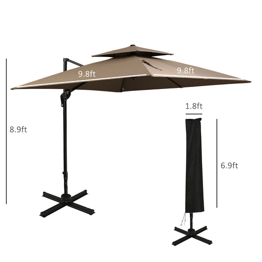 10ft Cantilever Patio Umbrella with Base – 360° Rotation, Double Top, Easy Tilt, Coffee