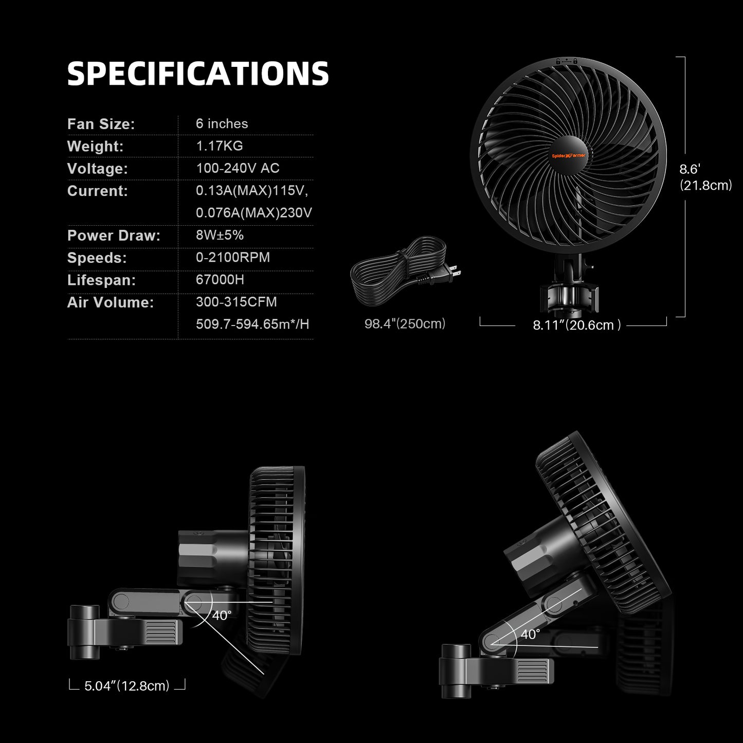 Spider Farmer 6-Inch Clip Fan – 10-Speed Oscillating Grow Tent Fan (IP54 Waterproof)