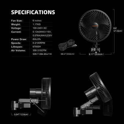 Spider Farmer 6-Inch Clip Fan – 10-Speed Oscillating Grow Tent Fan (IP54 Waterproof)