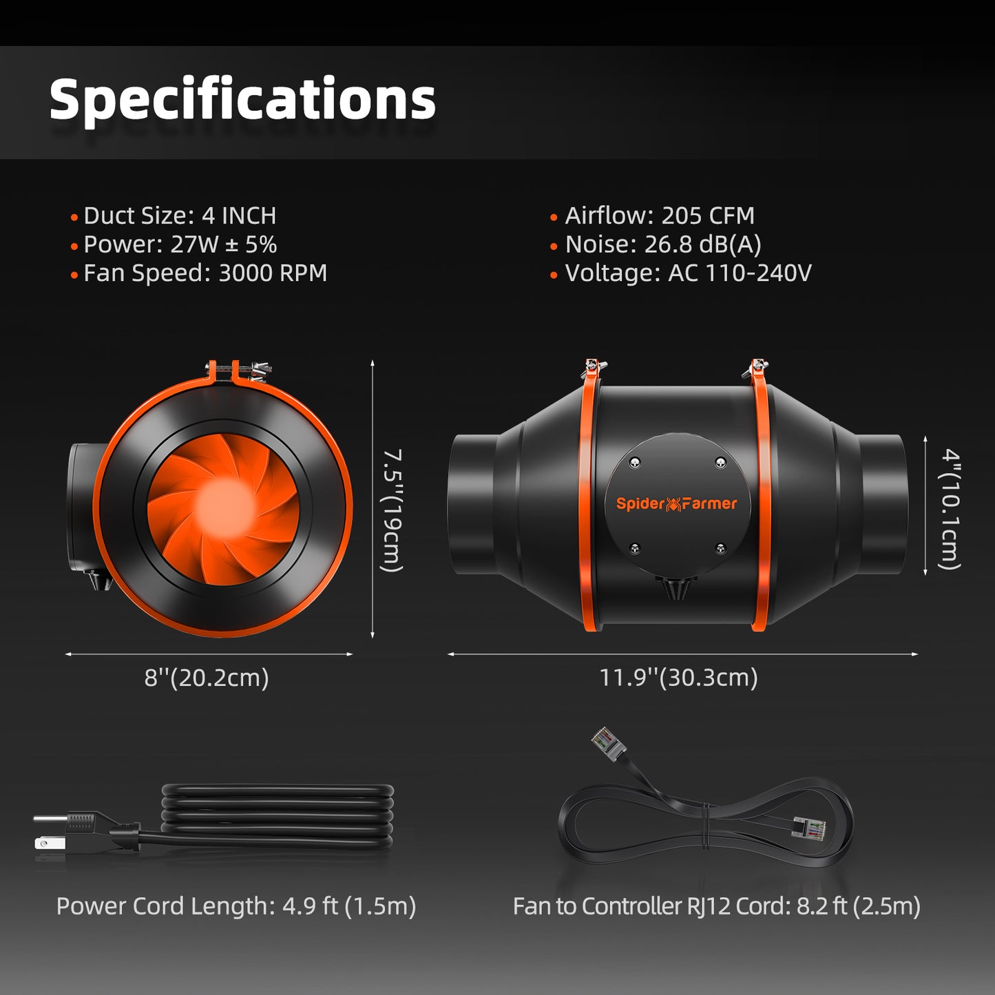 Spider Farmer 4 Inch Inline Fan & Carbon Filter Kit (205 CFM Ventilation System)