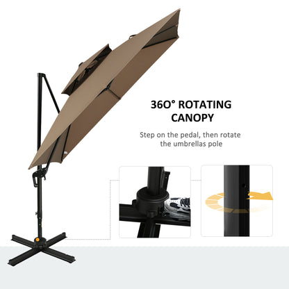 10ft Cantilever Patio Umbrella with Base – 360° Rotation, Double Top, Easy Tilt, Coffee