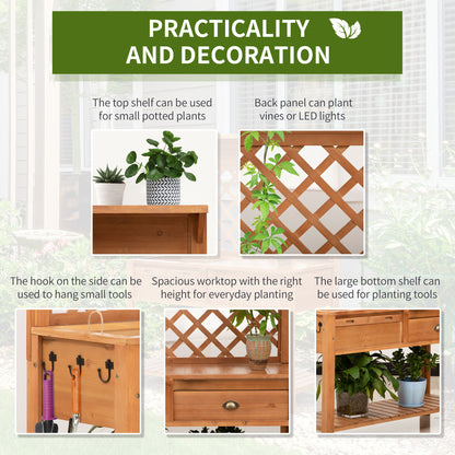 Outdoor Garden Potting Bench with Soil Sifting Screen, Drawer, Hooks & Storage Shelves – Solid Fir Wood, 47"