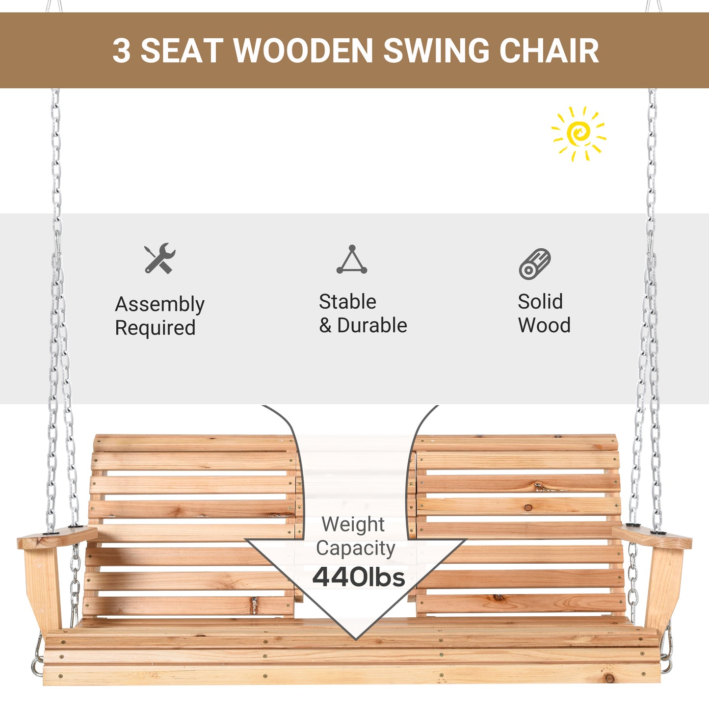 3-Seater Wooden Porch Swing with Folding Table & Cup Holders – 440 lb Capacity, Natural