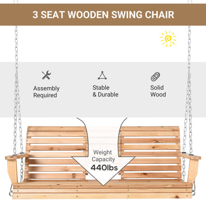 3-Seater Wooden Porch Swing with Folding Table & Cup Holders – 440 lb Capacity, Natural