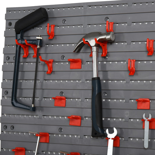 54-Piece Wall-Mounted Pegboard Organizer with Shelves & 50 Hooks – Garage & Workshop Storage, Grey/Red