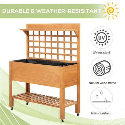 Elevated Raised Garden Bed with Wheels, Storage Shelf & Trellis – 41"x18"x53", Brown