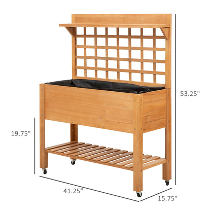 Elevated Raised Garden Bed with Wheels, Storage Shelf & Trellis – 41"x18"x53", Brown