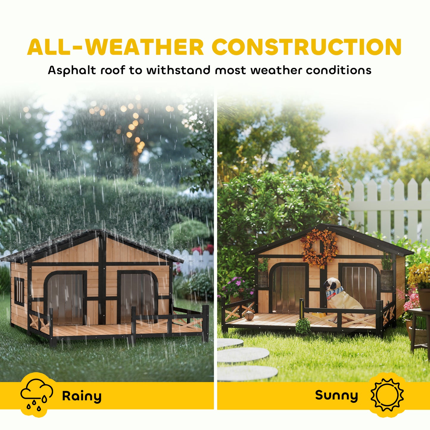 Outdoor Wooden Dog House with Porch, Double Room & Elevated Floor – Weatherproof, Fits 2 Small-Medium Dogs
