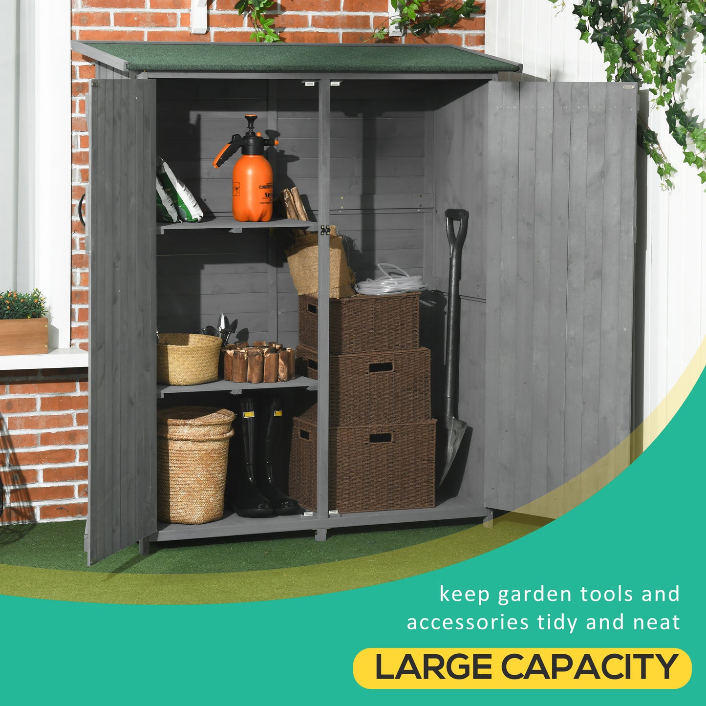 Outdoor Wooden Storage Cabinet with Lockable Doors, Waterproof Roof & 3-Tier Shelves – Garden Shed, Gray