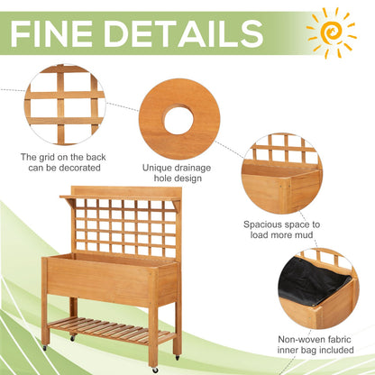 Elevated Raised Garden Bed with Wheels, Storage Shelf & Trellis – 41"x18"x53", Brown