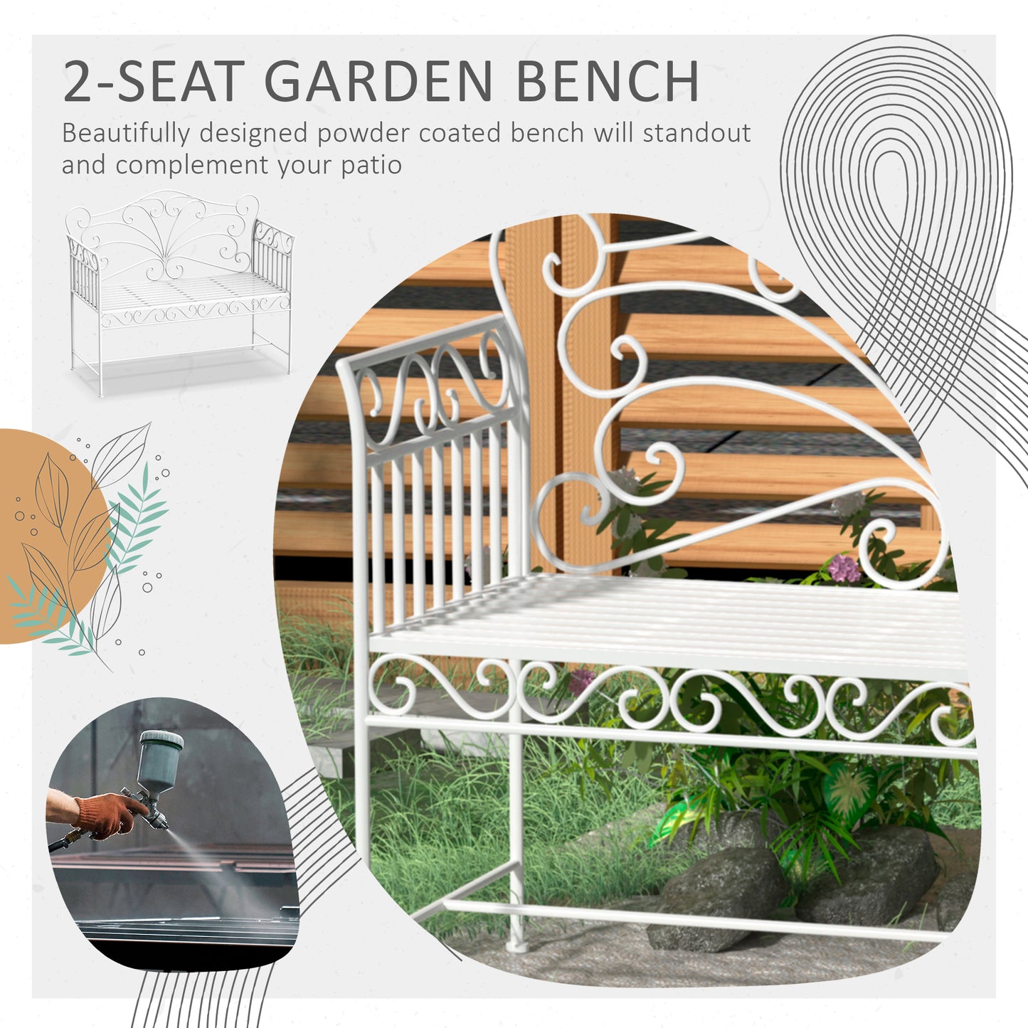 43" Metal Garden Bench with Armrests – 440 lb Capacity, Powder-Coated Steel, Cream White