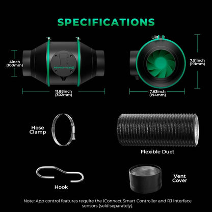 Mars Hydro iFresh 4-Inch Inline Fan & Carbon Filter Combo – Smart Duct Ventilation Kit with Speed Controller