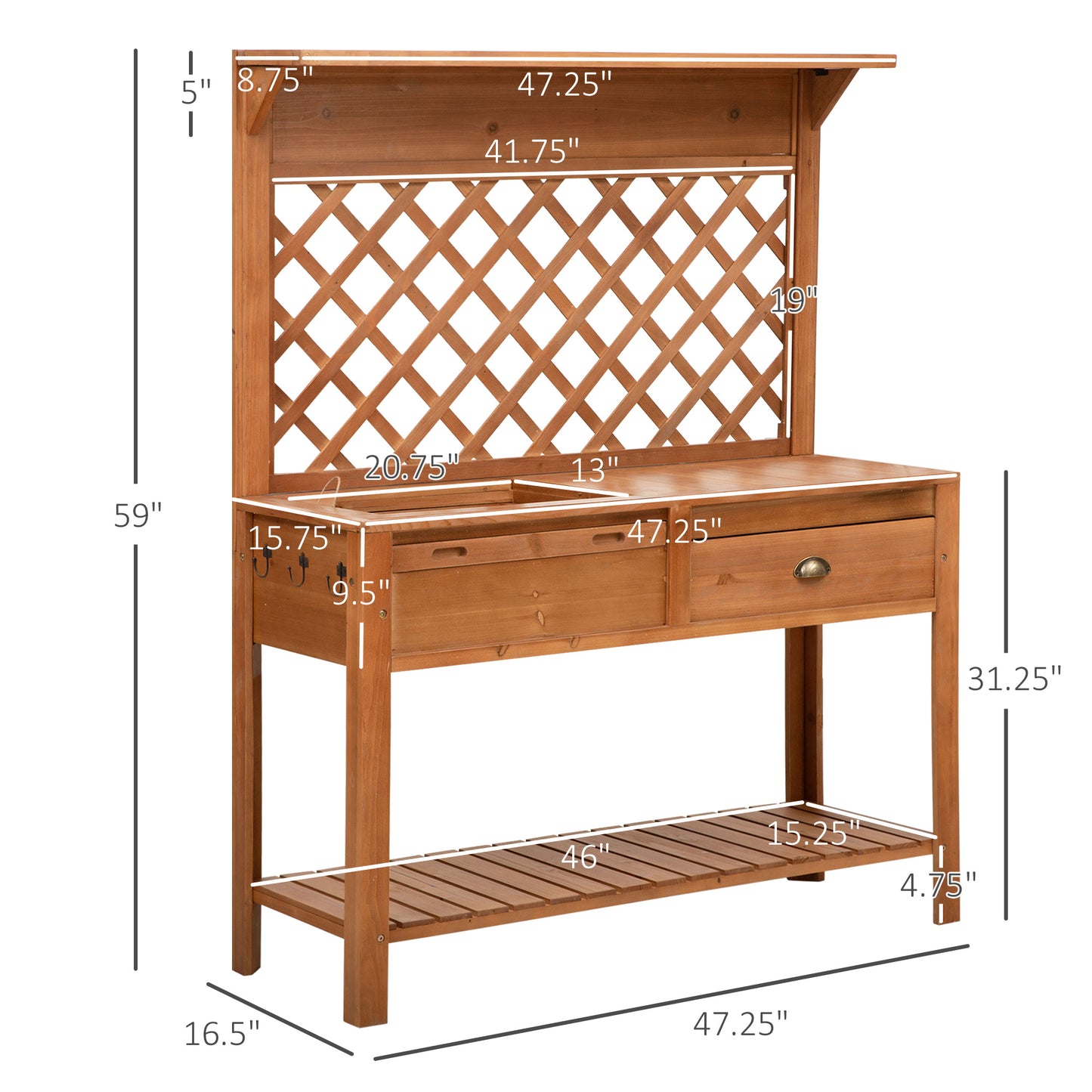 Outdoor Garden Potting Bench with Soil Sifting Screen, Drawer, Hooks & Storage Shelves – Solid Fir Wood, 47"