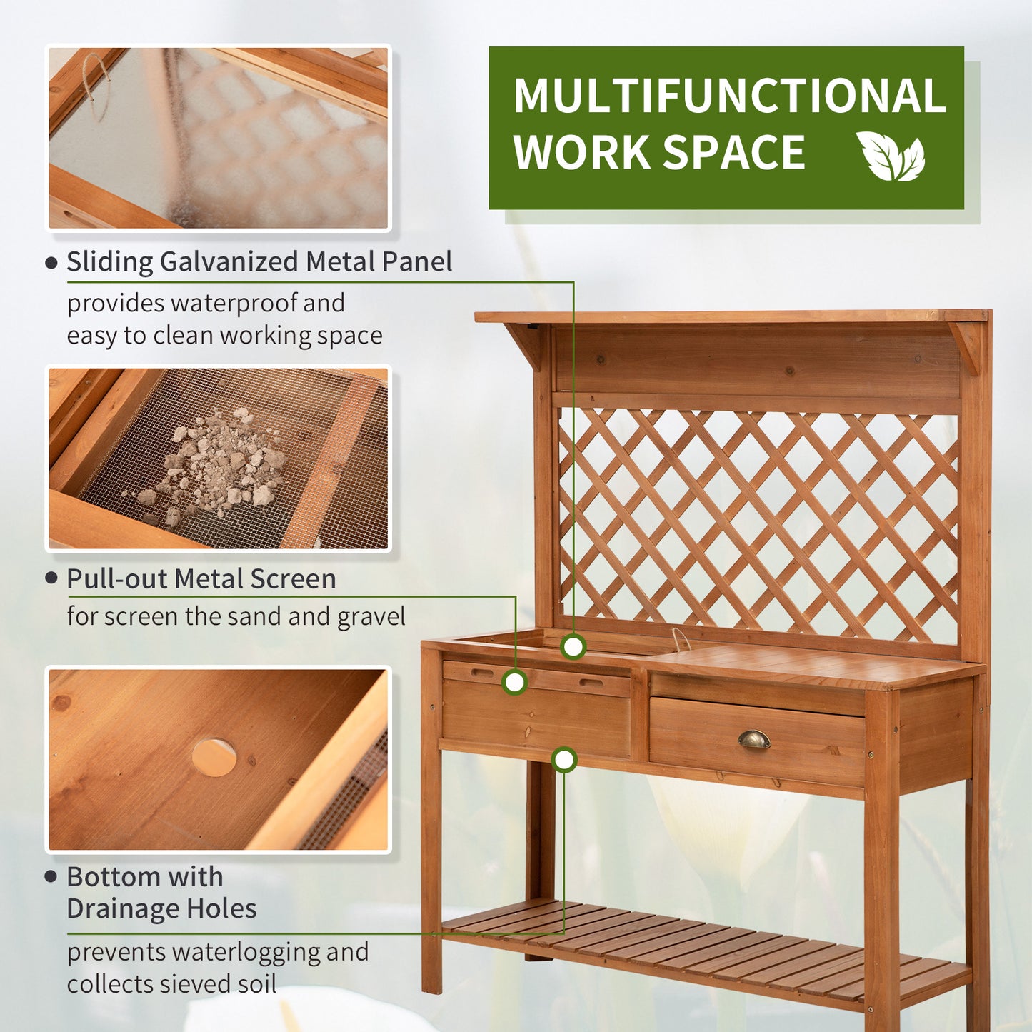 Outdoor Garden Potting Bench with Soil Sifting Screen, Drawer, Hooks & Storage Shelves – Solid Fir Wood, 47"
