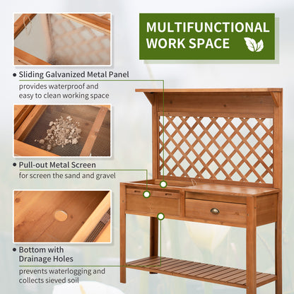 Outdoor Garden Potting Bench with Soil Sifting Screen, Drawer, Hooks & Storage Shelves – Solid Fir Wood, 47"