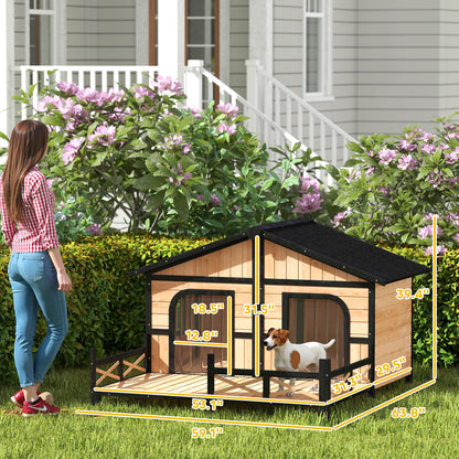 Outdoor Wooden Dog House with Porch, Double Room & Elevated Floor – Weatherproof, Fits 2 Small-Medium Dogs
