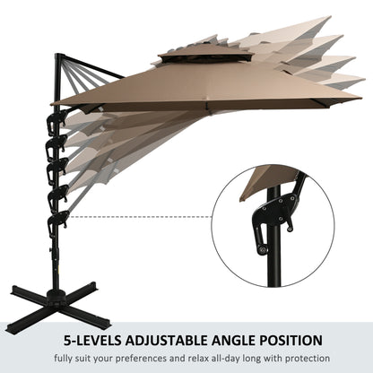 10ft Cantilever Patio Umbrella with Base – 360° Rotation, Double Top, Easy Tilt, Coffee