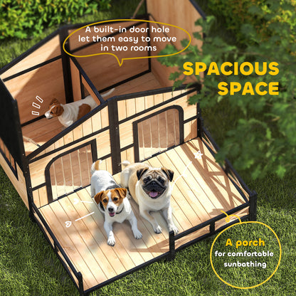 Outdoor Wooden Dog House with Porch, Double Room & Elevated Floor – Weatherproof, Fits 2 Small-Medium Dogs